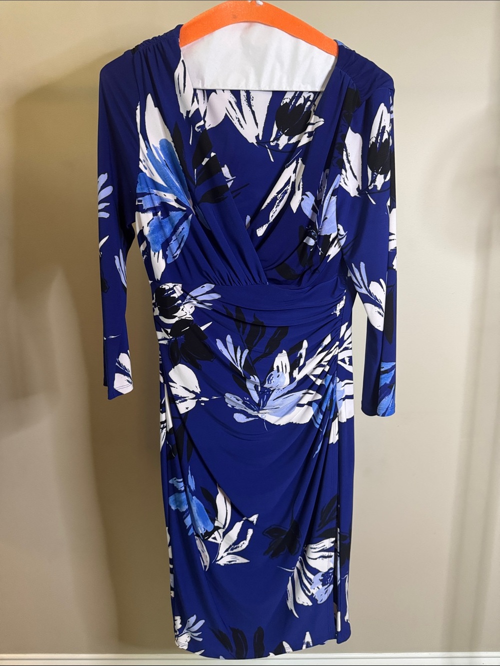 Lauren Ralph Lauren Royal Blue Floral Long-Sleeve Faux-Wrap Dress worn once